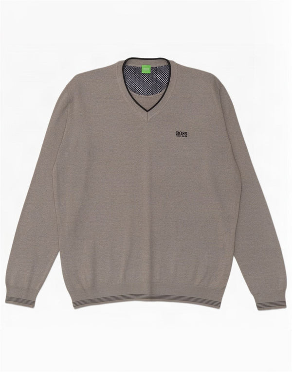 Hugo Boss Herren-Pullover mit V-Ausschnitt, 2XL, graues Nadelstreifen-Acryl