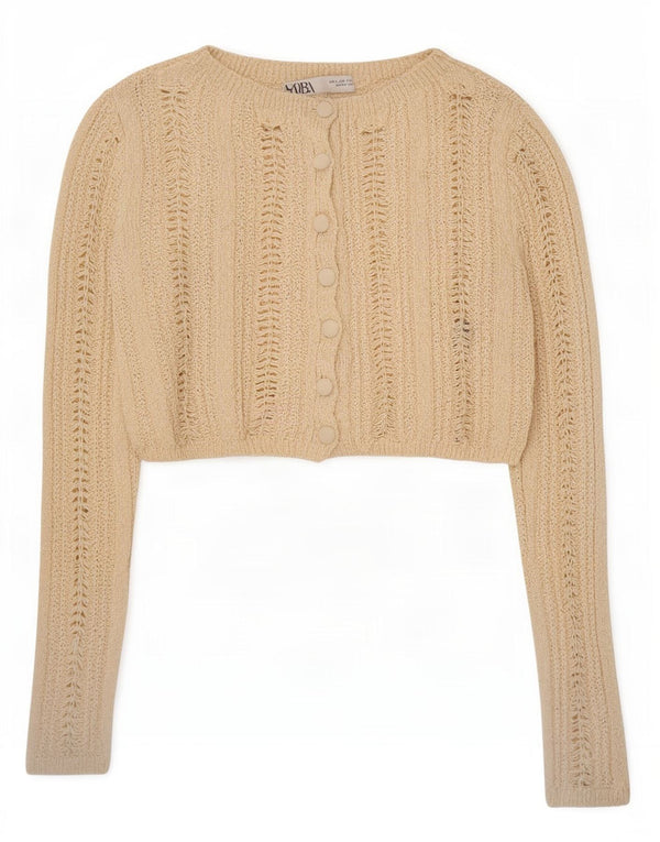 Zara Damen Crop Cardigan Pullover UK 10 Small Beige Baumwolle