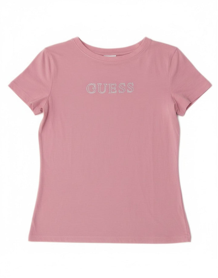 Guess Kurzarm-Grafik-T-Shirt für Damen, Größe 38, kleines rosa Logo