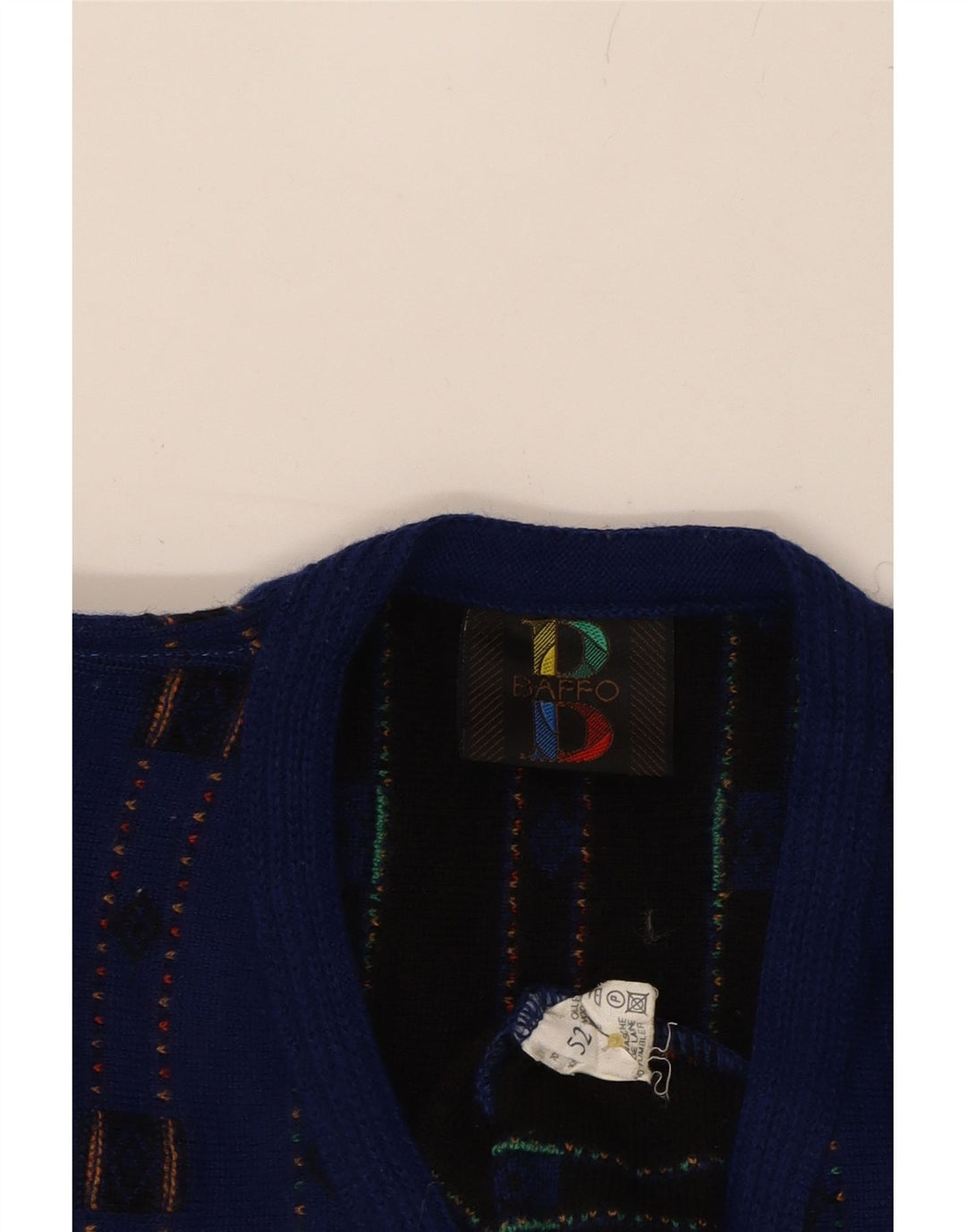 BAFFO Mens V-Neck Jumper Sweater IT 52 Large Navy Blue Geometric Wool Vintage Baffo and Second-Hand Baffo from Messina Hembry 