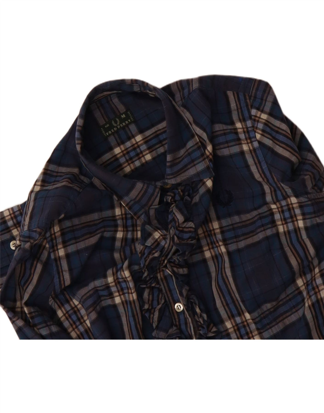 FRED PERRY Womens Ruffle Front Shirt UK 12 Medium Blue Check Cotton Vintage Fred Perry and Second-Hand Fred Perry from Messina Hembry 
