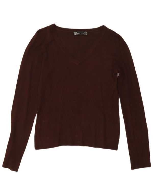Zara Damen-Pullover mit V-Ausschnitt, UK 12, Mittelbraun, Viskose