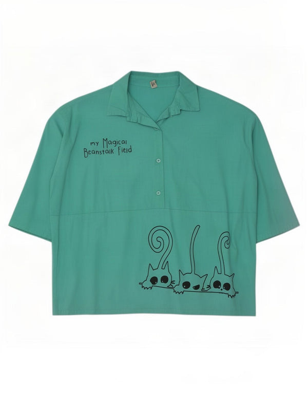 Vintage Damen Übergroßes grafisches Kurzarm-Pullovershirt UK 22 3XL Blau