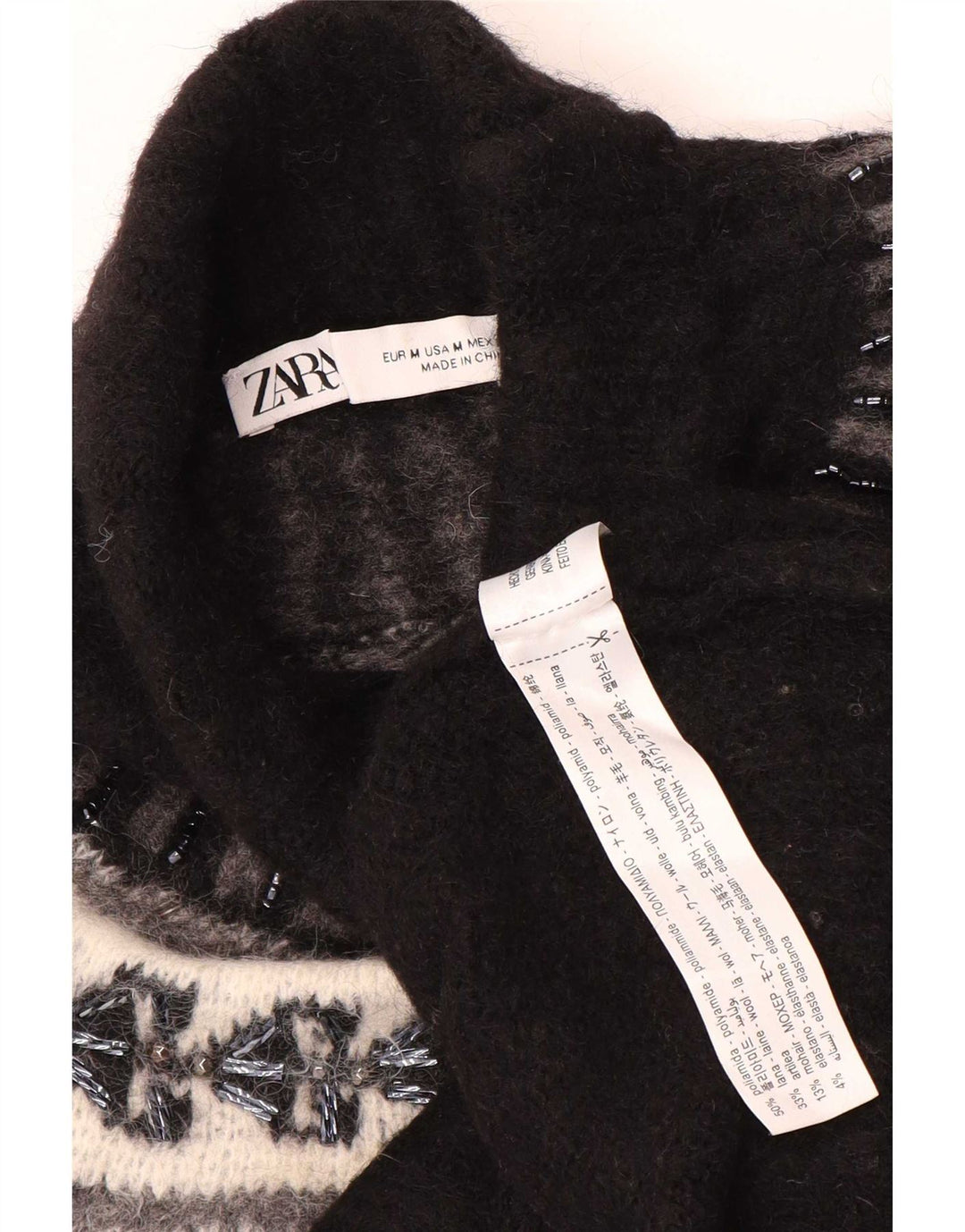 Rollkragenpullover für Damen von Zara, Gr. 14, mittelschwarz, Fair-Isle-Polyamid