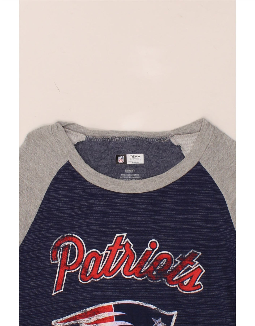 NFL Womens Patriots Sweatshirt Jumper UK 14 Medium Navy Blue Colourblock Vintage NFL and Second-Hand NFL from Messina Hembry 