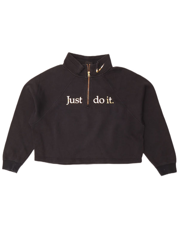 Nike Damen Crop Graphic Zip Neck Sweatshirt Pullover UK 16 Large Schwarz