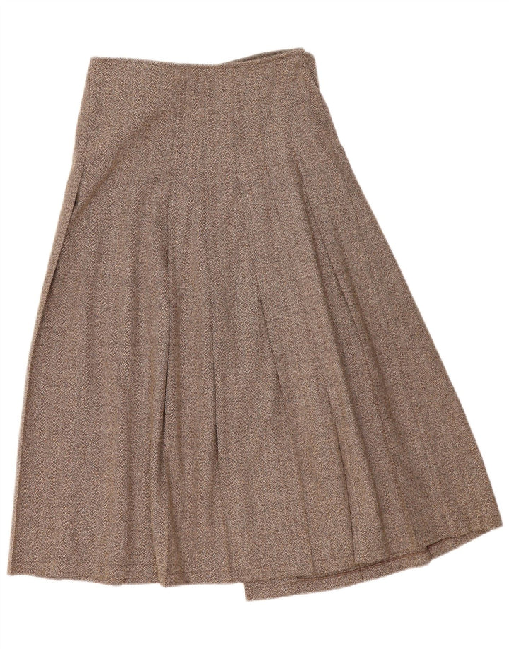 Vintage Damen Faltenwickelrock IT 44 Medium W30 Braunes Fischgrätenmuster