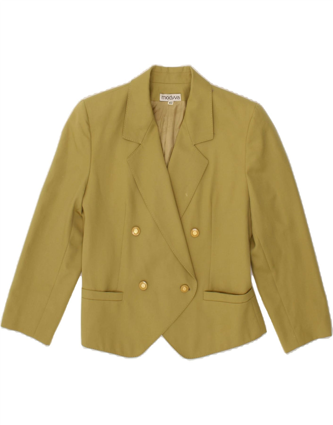 MODYVA Womens 3/4 Sleeve Double Breasted Blazer Jacket IT 40 Small Khaki Vintage Modyva and Second-Hand Modyva from Messina Hembry 