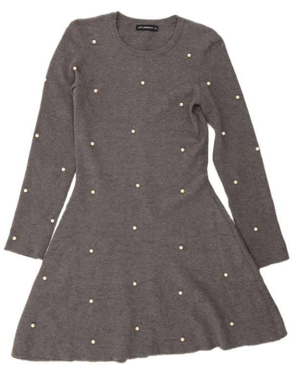 Zara Damen Langarm-Pulloverkleid UK 12 Mittelgrau gefleckte Viskose