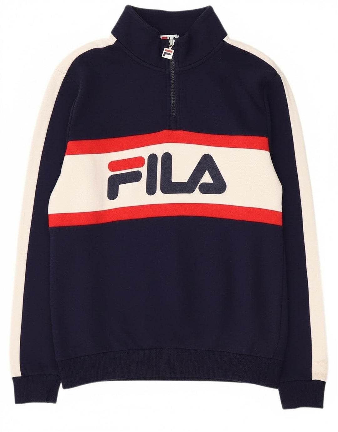 Fila Herren-Sweatshirt mit grafischem Reißverschluss und Rundhalsausschnitt, Größe S, Marineblau, Farbblock