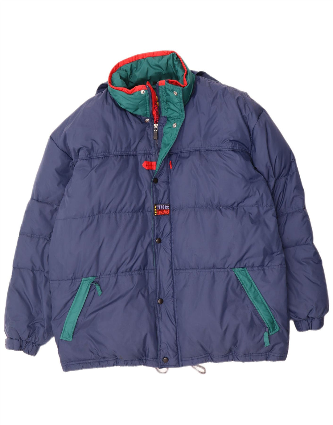 Wattierte Vintage-Herrenjacke mit Kapuze, UK 40, groß, Marineblau, Farbblock