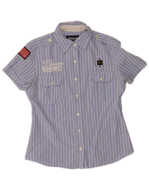 Blauer Damen-Kurzarm-Militärhemd, UK 14, große blaue Nadelstreifen-Baumwolle