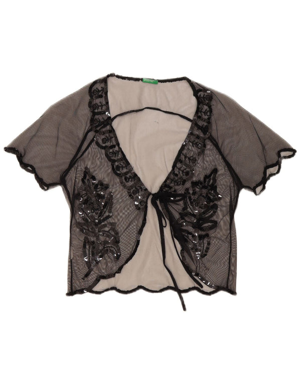 Benetton Womens Crop See Through Cardigan Top UK 12 Medium Black Floral