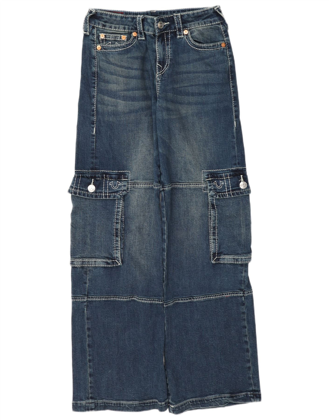 True Religion Damen Cargo-Jeans mit weitem Bein, W26 L33, blaue Baumwolle