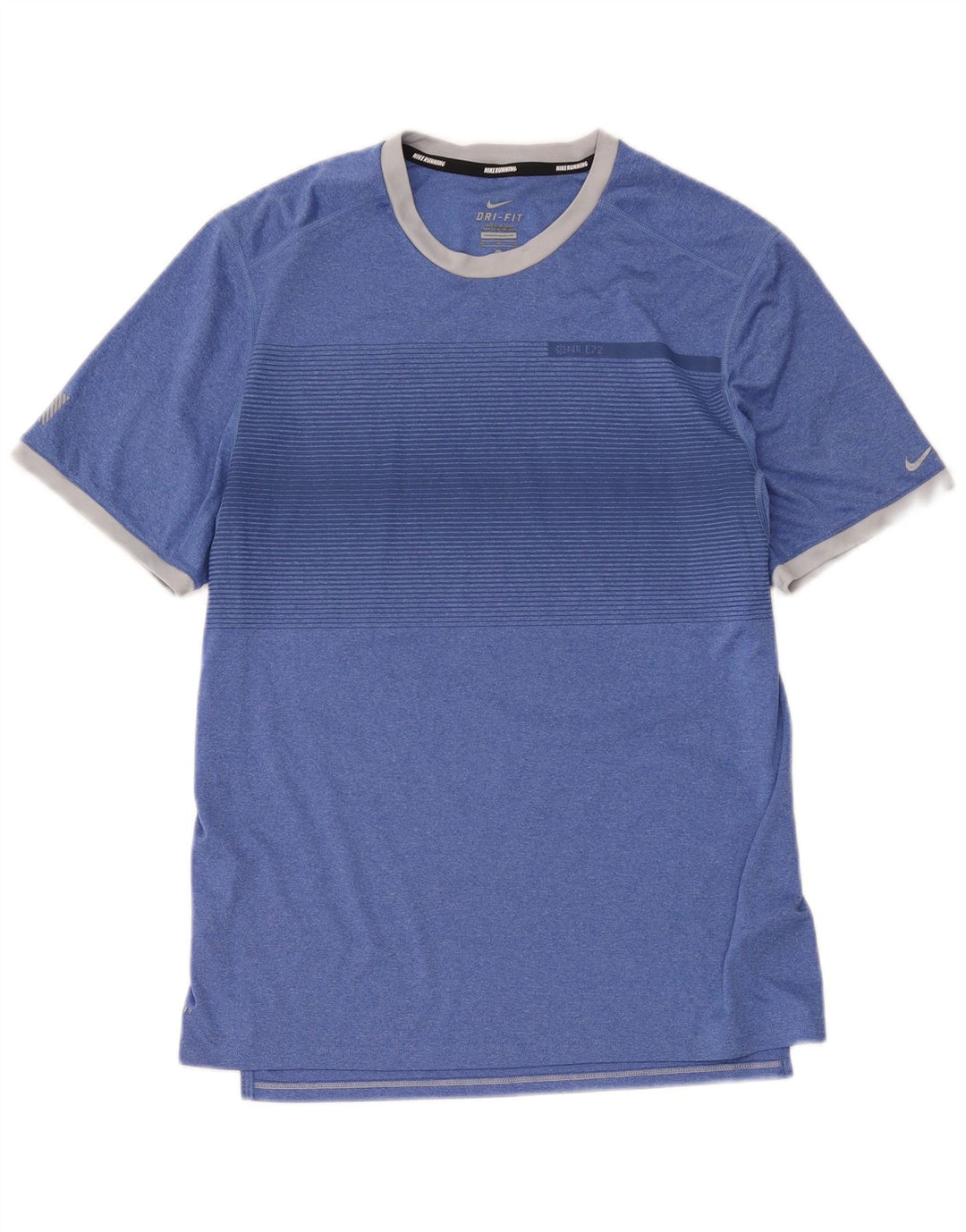Nike Herren Dri Fit T-Shirt-Oberteil aus mittelblau gestreiftem Polyester