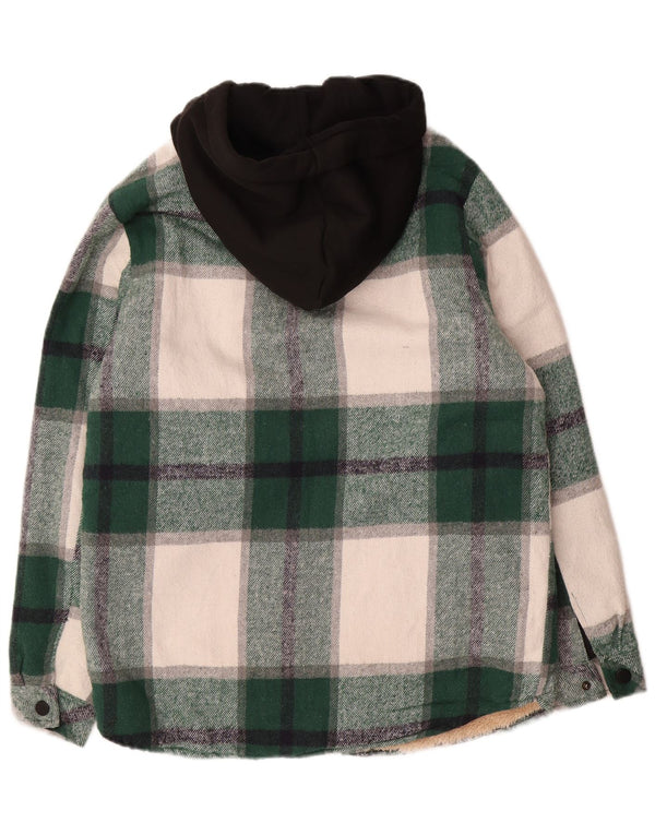 Vintage Mens Hooded Sherpa Utility Jacket UK 36 Small Green Check Polyester