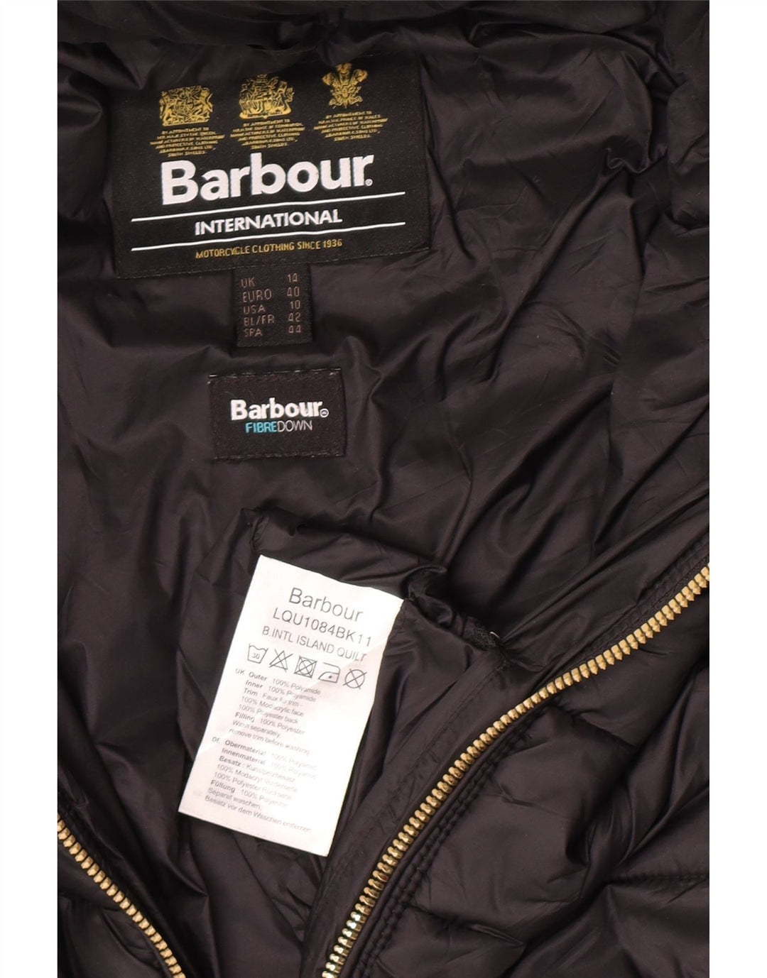 Barbour Wattierte Damenjacke mit Kapuze, UK 14, großes schwarzes Polyamid