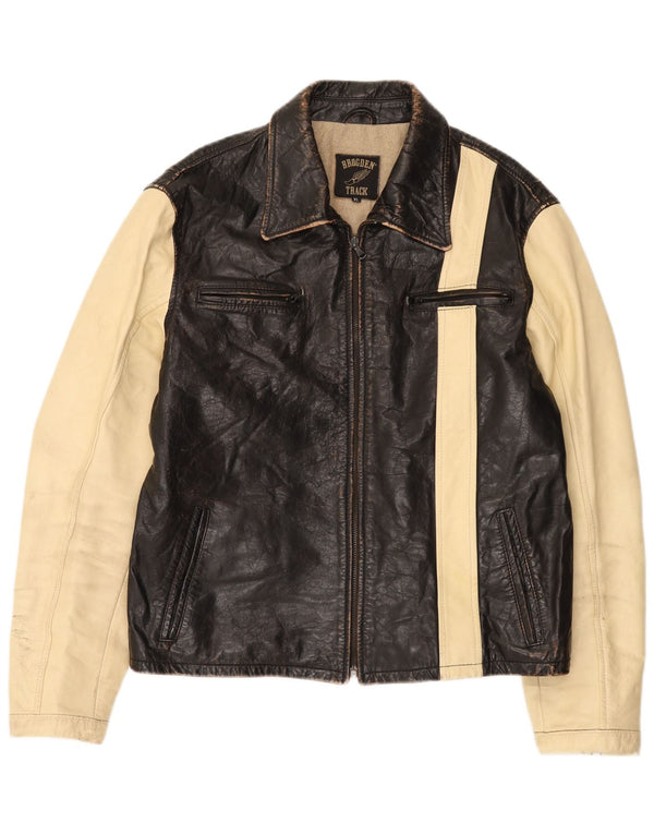 Brogden Herren-Lederjacke mit Grafik, UK 42, XL, Braun, Farbblock