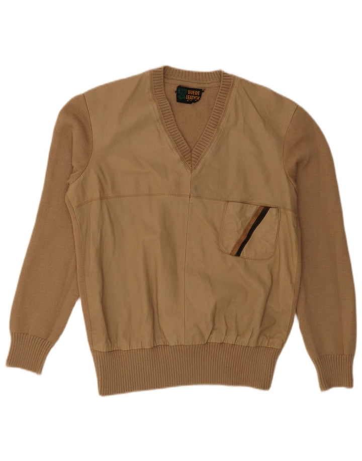 Vintage Herren Pullover mit V-Ausschnitt, kleine beige Wolle