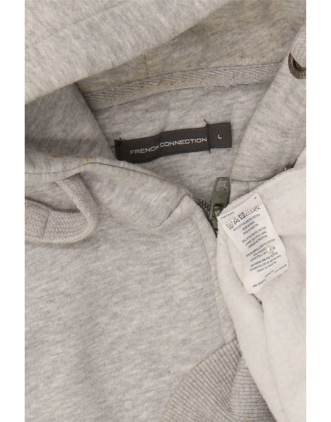 French Connection Herren-Kapuzenpullover mit Grafik, reguläre Passform und Reißverschluss, Größe L, Grau