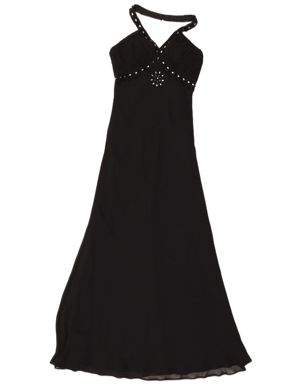 Vintage Damen Maxi Neckholder Kleid UK 8 Small Schwarz Polyester