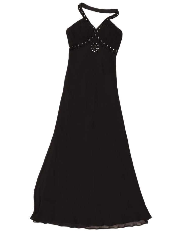 Vintage Damen Maxi Neckholder Kleid UK 8 Small Schwarz Polyester