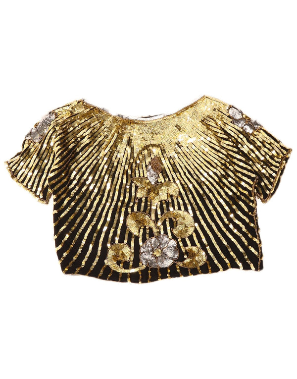 Vintage Damen Crop Loose Fit PaillettenBluse Top UK 10 Small Gold Floral