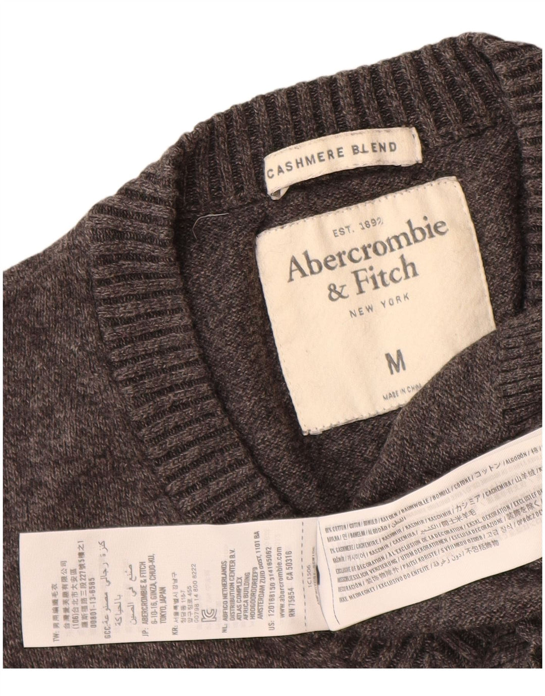 Abercrombie & Fitch Herren-Pullover mit V-Ausschnitt aus mittelgrauer Baumwolle