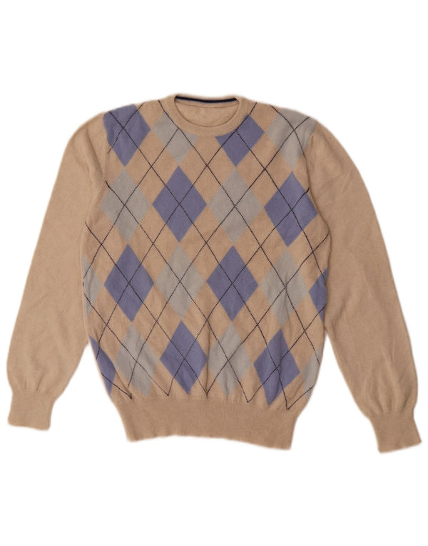 Vintage Damen Rundhalspullover Pullover UK 8 Small Beige Argyle/Diamant