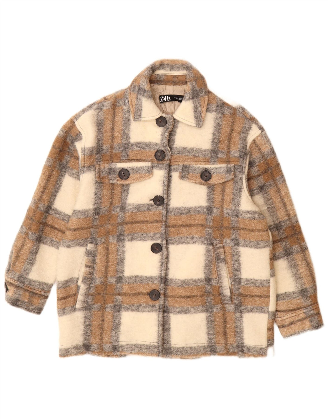 Zara Damen Shacket Übergroße Jacke UK 6 XS Beige karierte Wolle