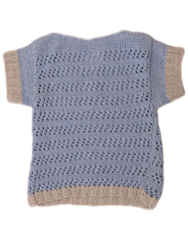 Vintage Damen Kurzärmeliger Pullover mit V-Ausschnitt UK 14 Mittelblau