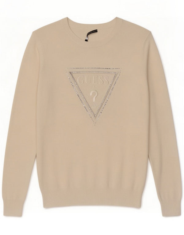 Guess Damen Pullover mit grafischem U-Boot-Ausschnitt, UK 14, Mittelweiß
