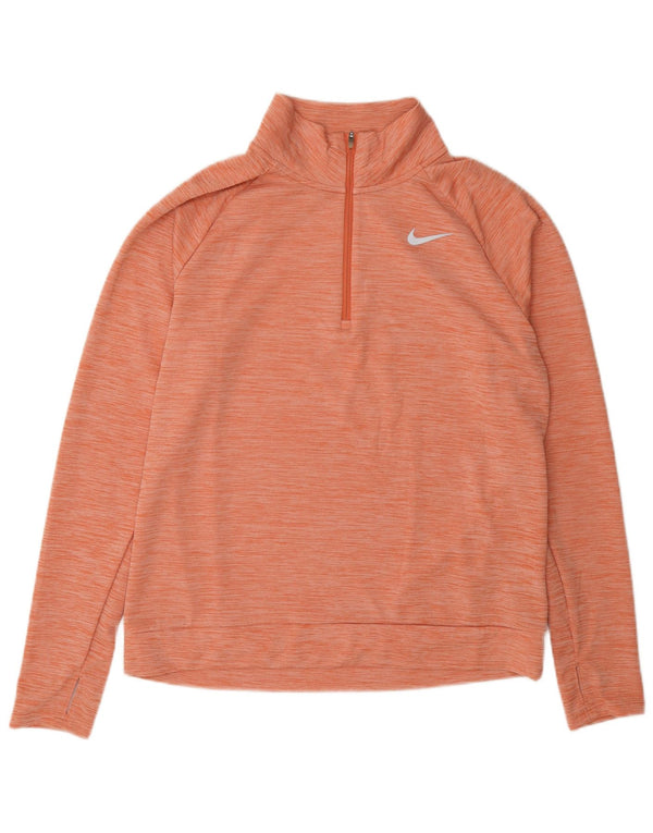 Nike Damen Dri Fit Zip Neck Sweatshirt Pullover UK 14 Medium Orange Flecked