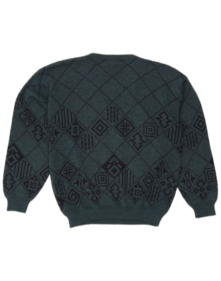 Lewinger Herren-Pullover mit V-Ausschnitt aus mittelgrüner, geometrischer Wolle