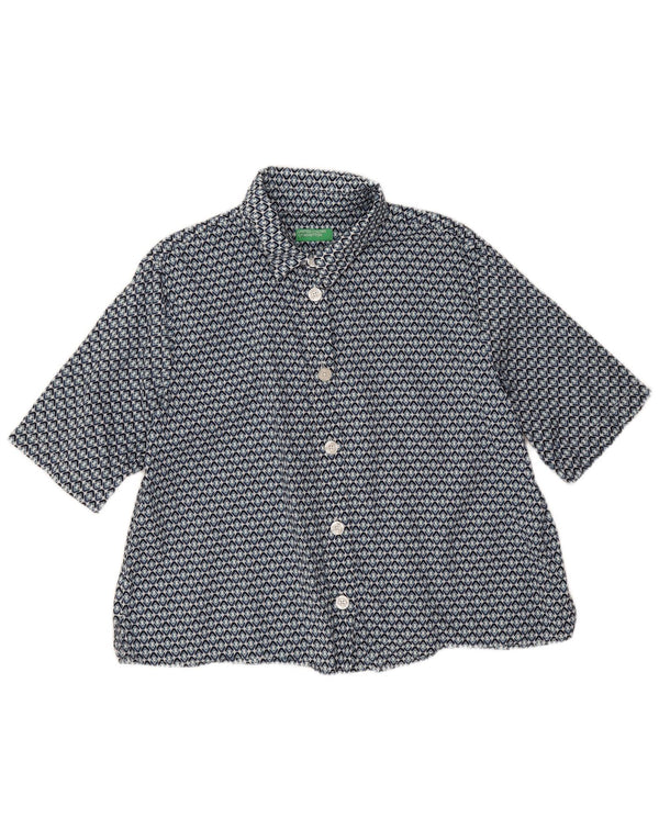 Benetton Damen Kurzarm-Hemdbluse UK 18 XL Blaue geometrische Baumwolle