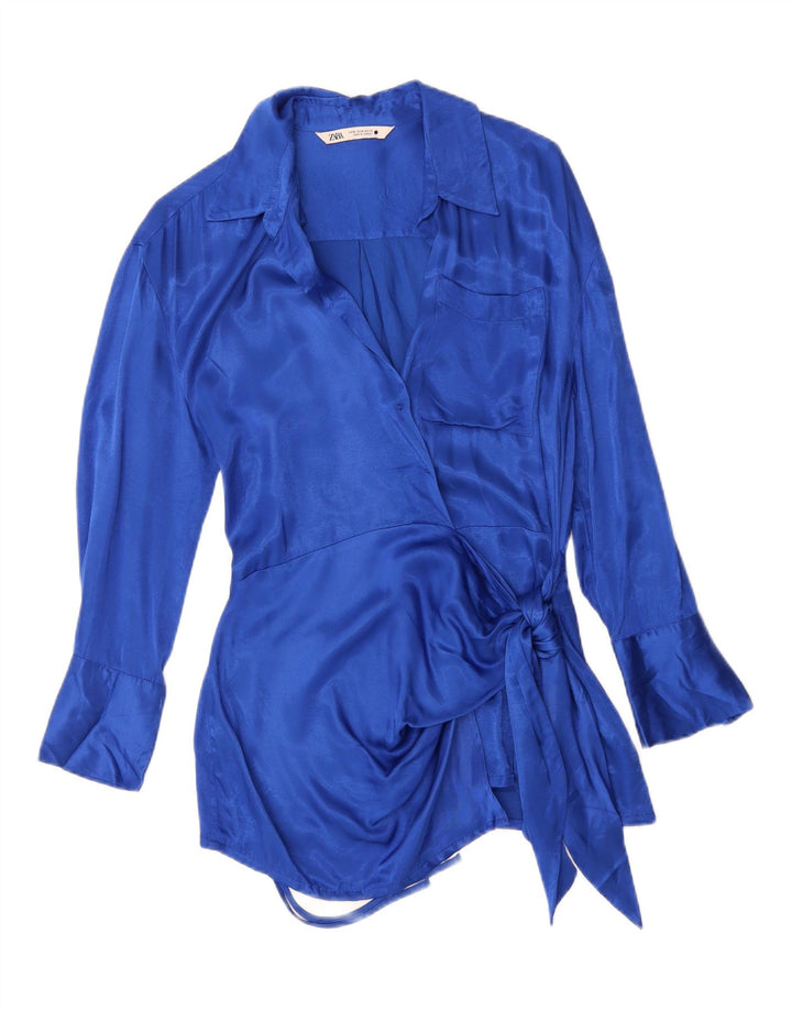 ZARA Womens Wrap 3/4 Sleeve Shirt Blouse UK 12 Medium Blue Vintage Zara and Second-Hand Zara from Messina Hembry 