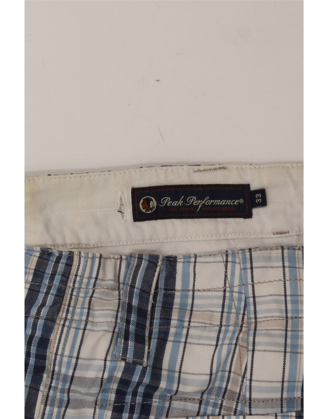 PEAK PERFORMANCE Mens Cargo Shorts W33 Medium Blue Check Cotton Vintage Peak Performance and Second-Hand Peak Performance from Messina Hembry 