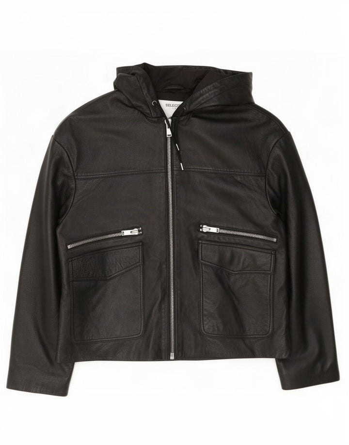 Selected Femme Damen-Lederjacke mit Kapuze, EU 38, mittelschwarz