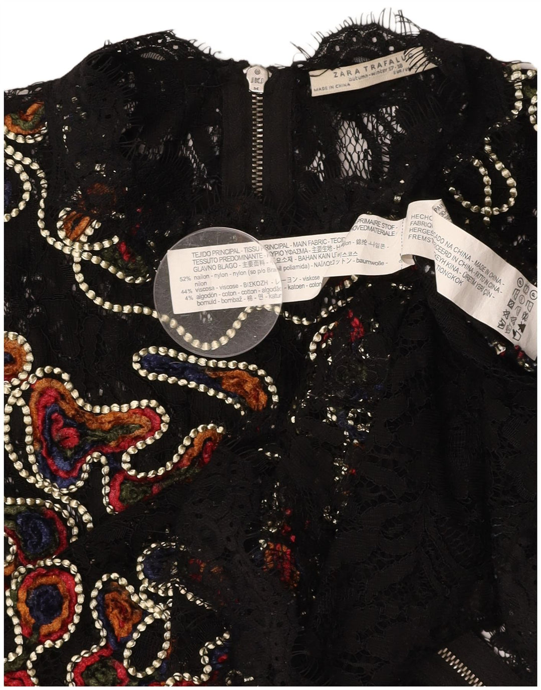 ZARA Damen-Blusenoberteil mit durchsichtiger Spitze, UK 10, Small, schwarzes, geblümtes Nylon