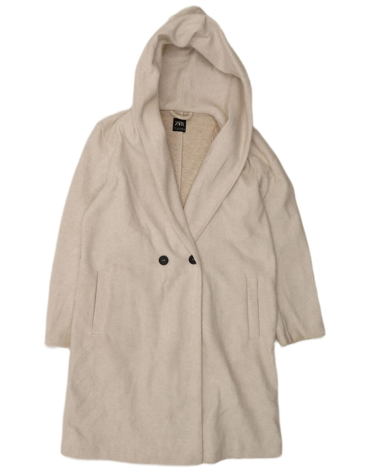 Übergroßer zweireihiger Mantel mit Kapuze von Zara für Damen, Gr. 10, Größe S, gebrochenes Weiß