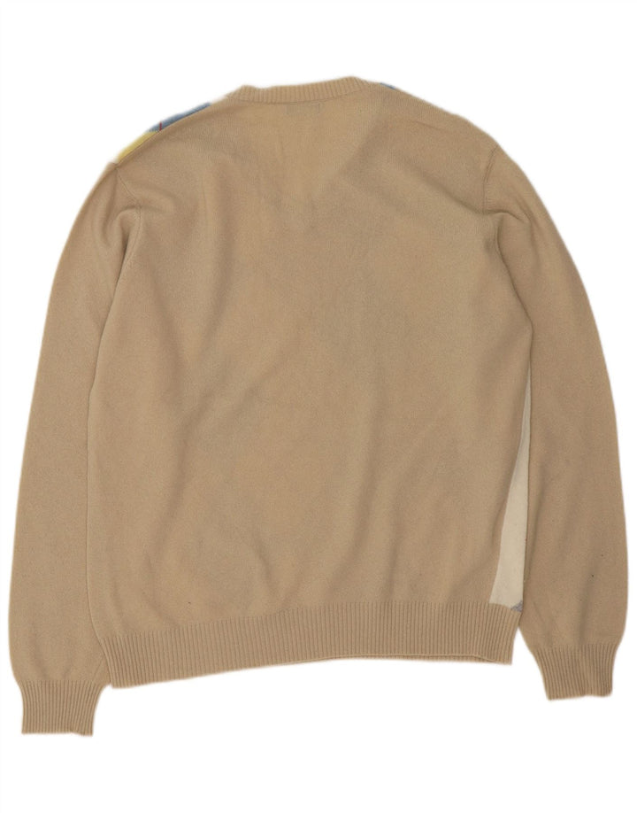 Benetton Herren-Pullover mit V-Ausschnitt, groß, Beige, Argyle-/Diamant-Wolle