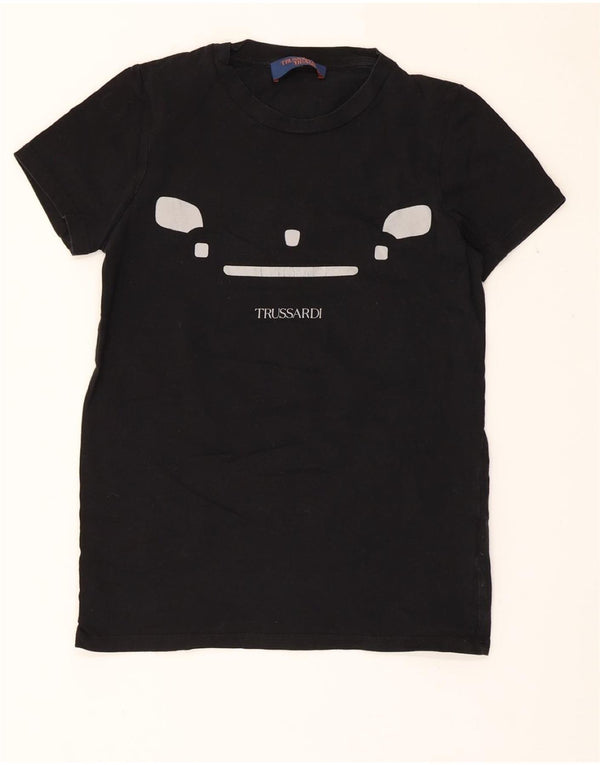 TRUSSARDI JEANS Damen Grafik T-Shirt Top UK 6 XS Schwarz Baumwolle
