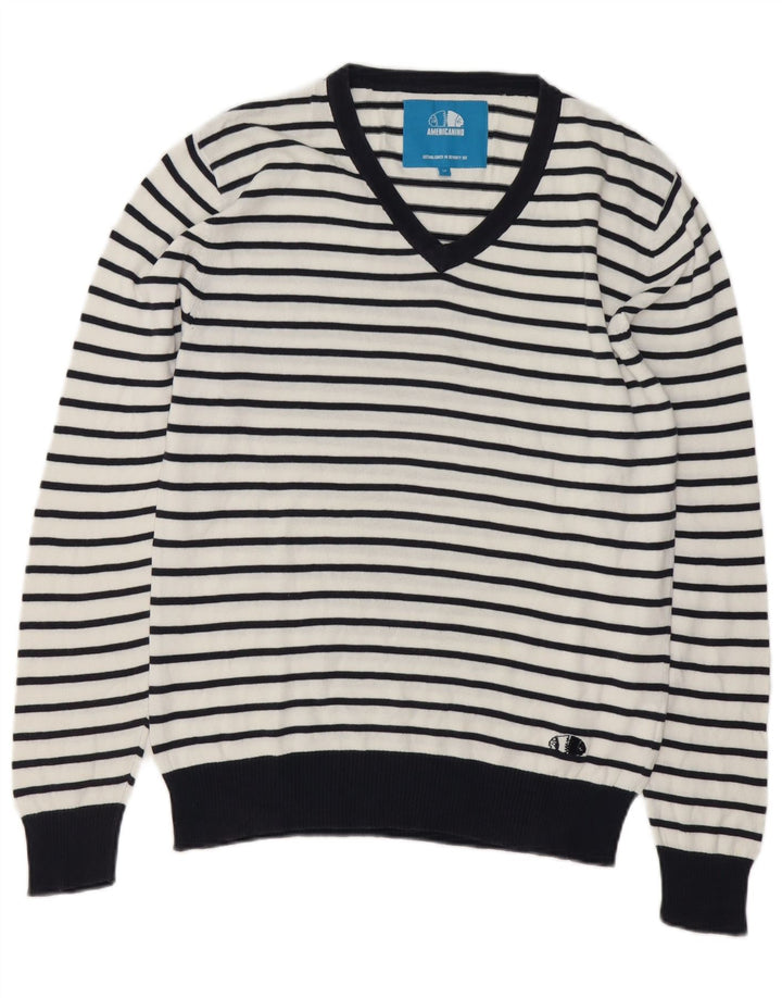 Americanino Herren-Pullover mit V-Ausschnitt, mittelweiß, gestreift, Baumwolle