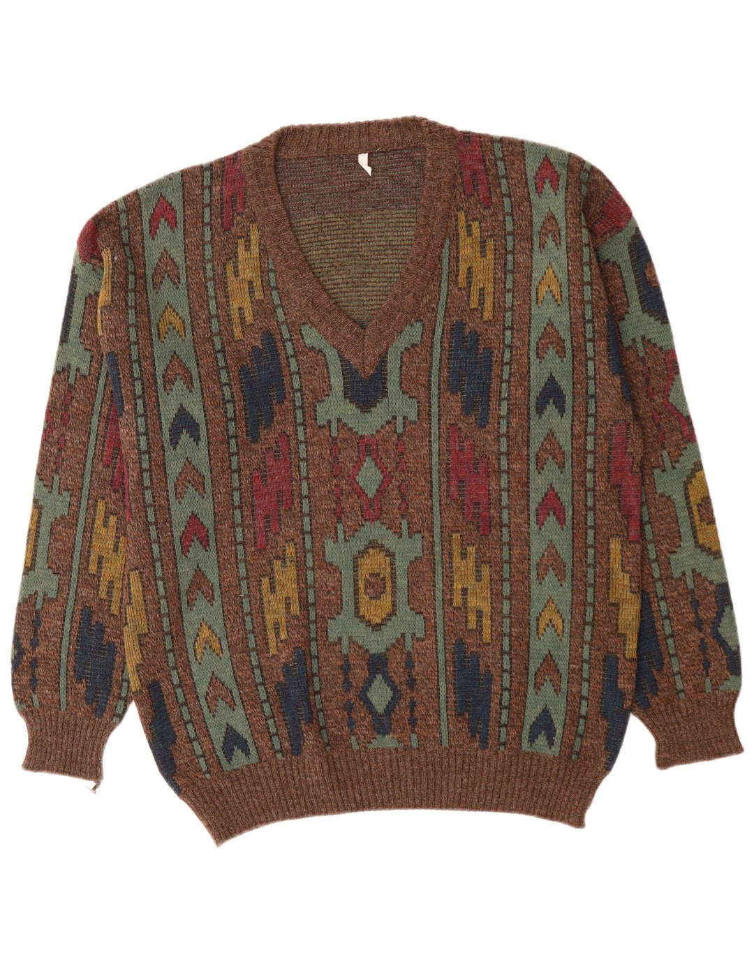 VINTAGE Herren Pullover mit V-Ausschnitt IT 50 Mittelbraun Geometrisch
