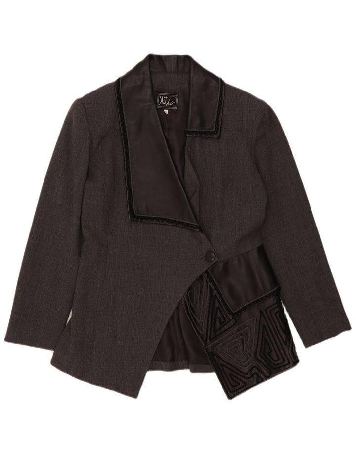 Vintage Damen 1 Knopf Blazer Jacke IT 46 Große graue geometrische Wolle