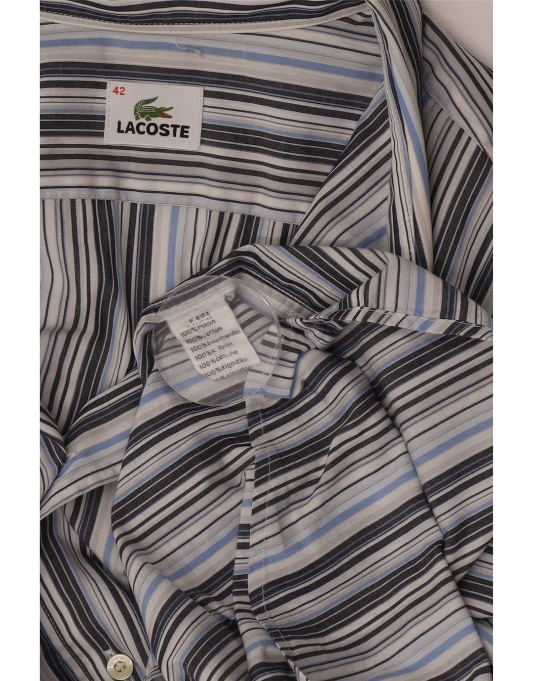 Lacoste Herren-Kurzarmhemd, Größe 42, große grau gestreifte Baumwolle