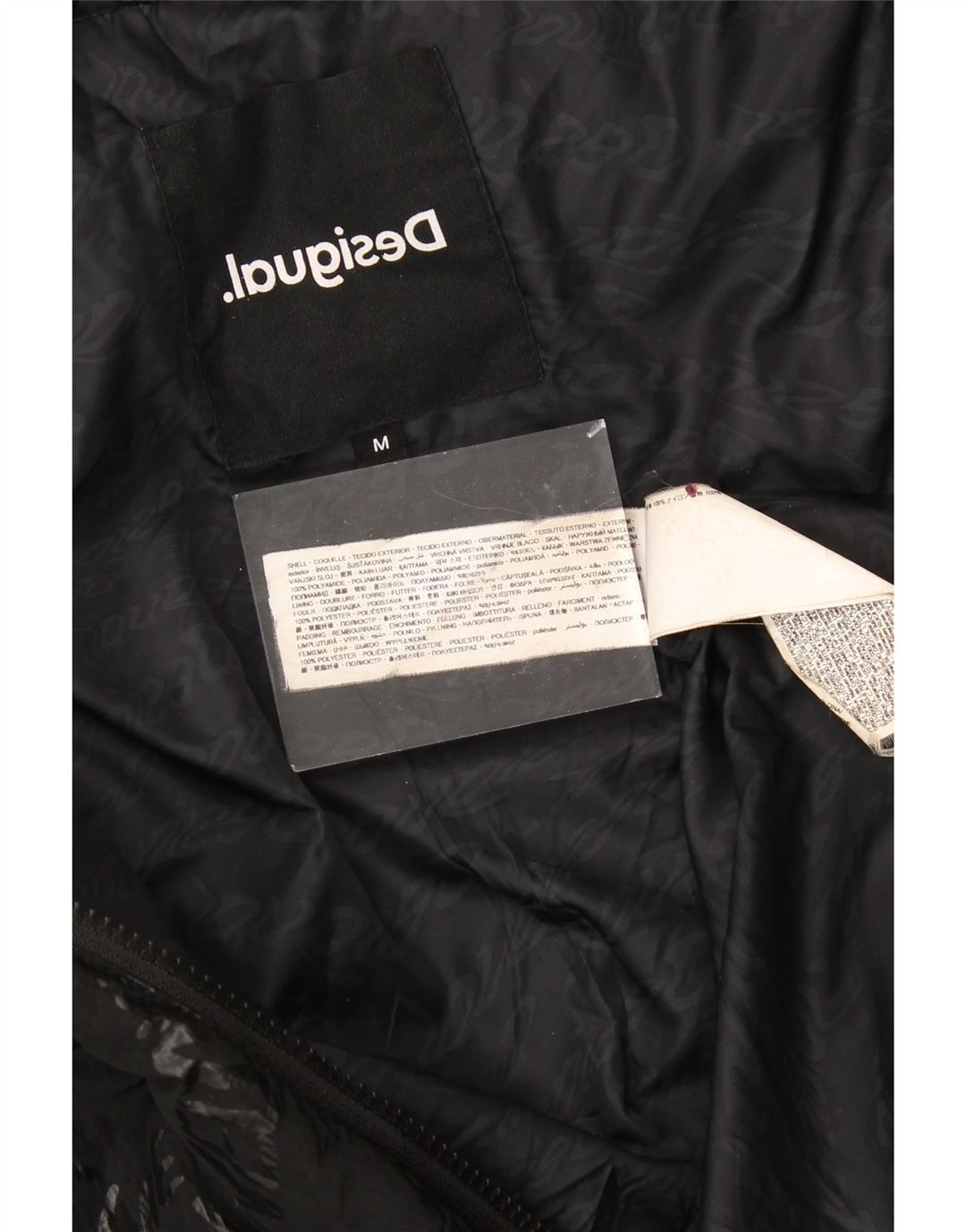 DESIGUAL Womens Graphic Hooded Padded Coat UK 14 Medium Black Polyamide Vintage Desigual and Second-Hand Desigual from Messina Hembry 