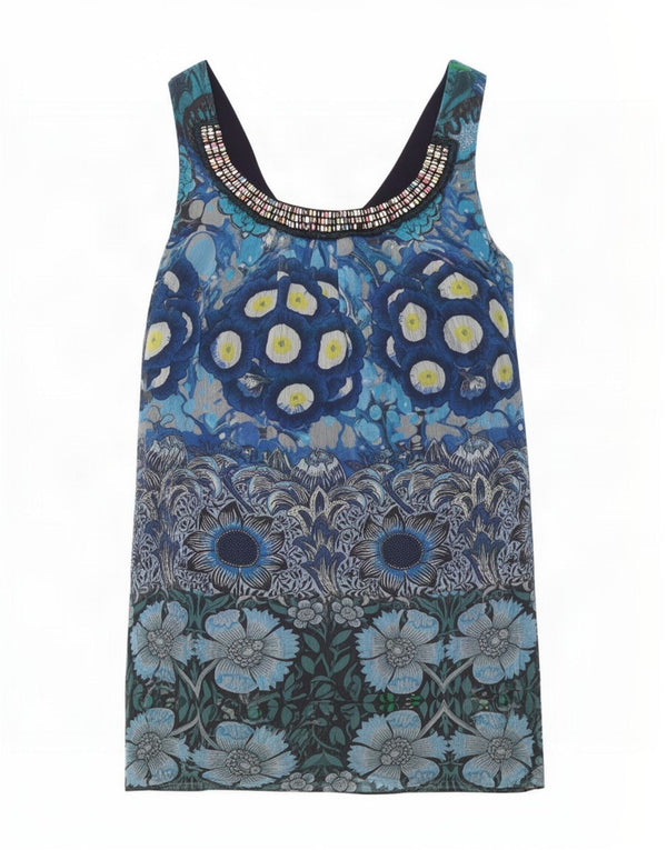 Desigual Damen Ärmelloses Tunikakleid EU 38 Mittelblaues Blumenmuster aus Polyester