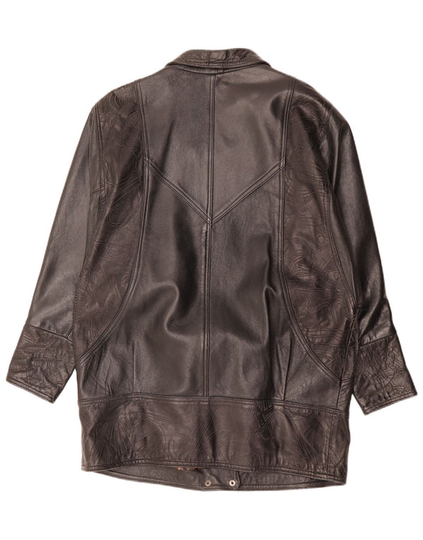 Vintage Damen Ledermantel UK 14 Großes schwarzes geometrisches Leder