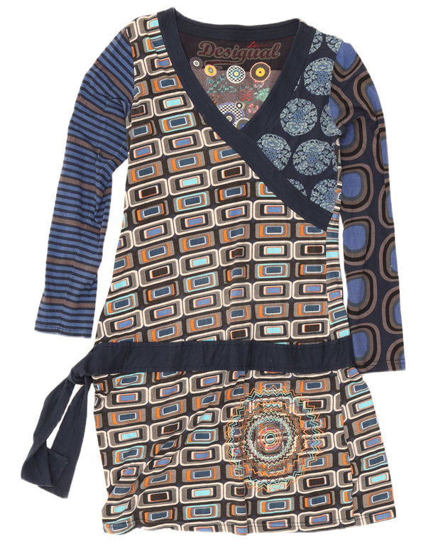 Desigual Womens Graphic Drop Waist Dress UK 14 Large Marineblau Geometrisch